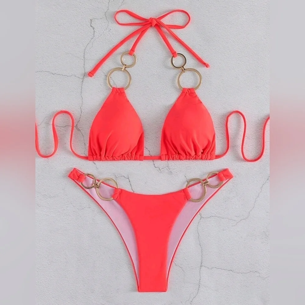 NWT Swim Vacation Plain Ring Linked Halter Bikini Swimsuit